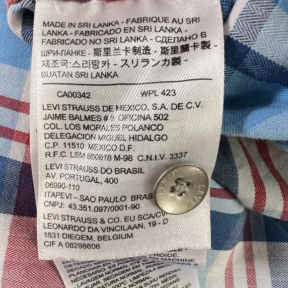 Levis Modern Fit Hooded Button Up L/S Shirt Mens Medium Red White Blue Plaid - Picture 13 of 16